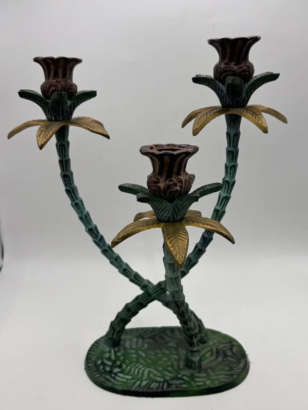 Vintage 1970s Tropical Palm Tree Cast Iron Candelabra Candle Holder